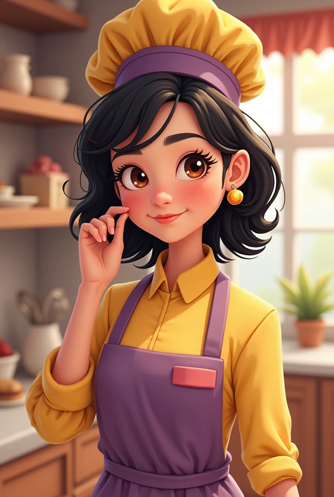 Disney Pixer style. Woman aged 30 years old, com olhos castanhos, black medium hair, in yellow and purple pastry chef's outfit and chef's hat, take the earring off . Have simple details