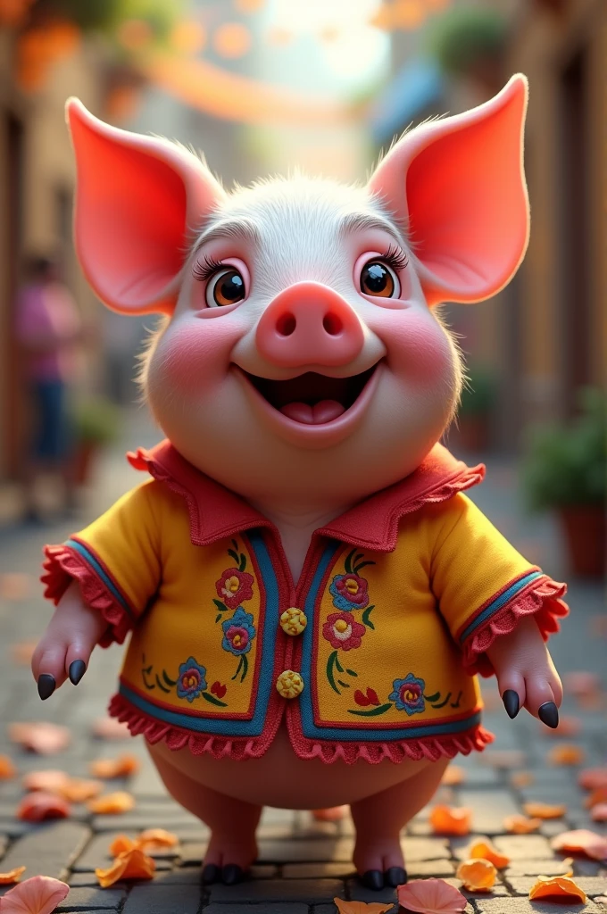 Create an image of a pig with a flamenco shirt smiling