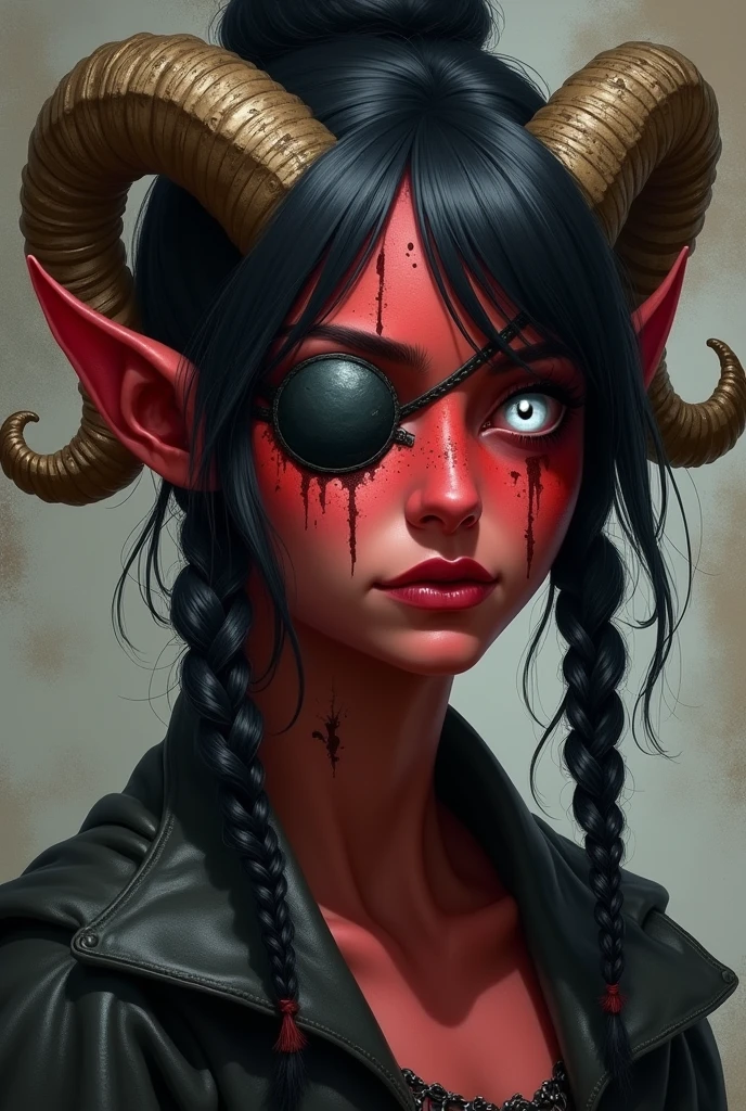 ((Mediovale)), uma mulher Tiefling, reddish skin, ram horns, completely white eyes, eye patch on the left side, scar under the eye patch, scar on the lips on the right side, Bblack hair, hair tied in a bun, scraping both sides, a braid on each side of the bangs.