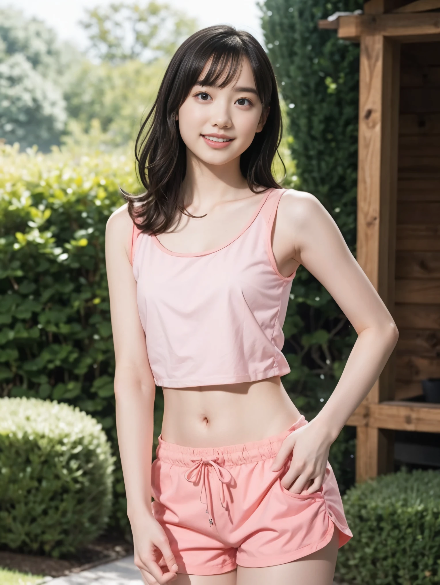 High resolution、High resolution、In 8K、RAW Photos、Highest quality、masterpiece、One girl, Wavy Hair,Pink cotton shorts and tank top , Anatomically correct,bangs、Waist、thigh