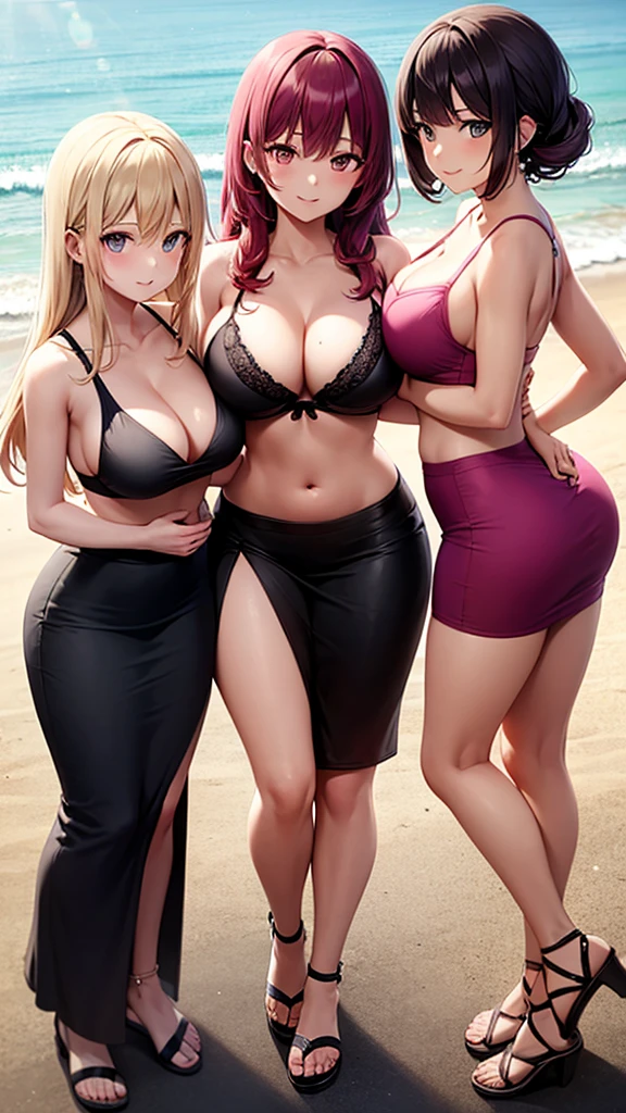masterpiece, best quality, high detail, soft light, 3girls, three beautiful women posing together, long wavy hair, red hair, pink hair, purple hair, unruly hair, hair curls, large bust, cleavage, black bra and maxi pencil skirt, long skirt:1.28, sandals, collarbone, midriff, belly button, hip bones, beach, upper body, light smile,