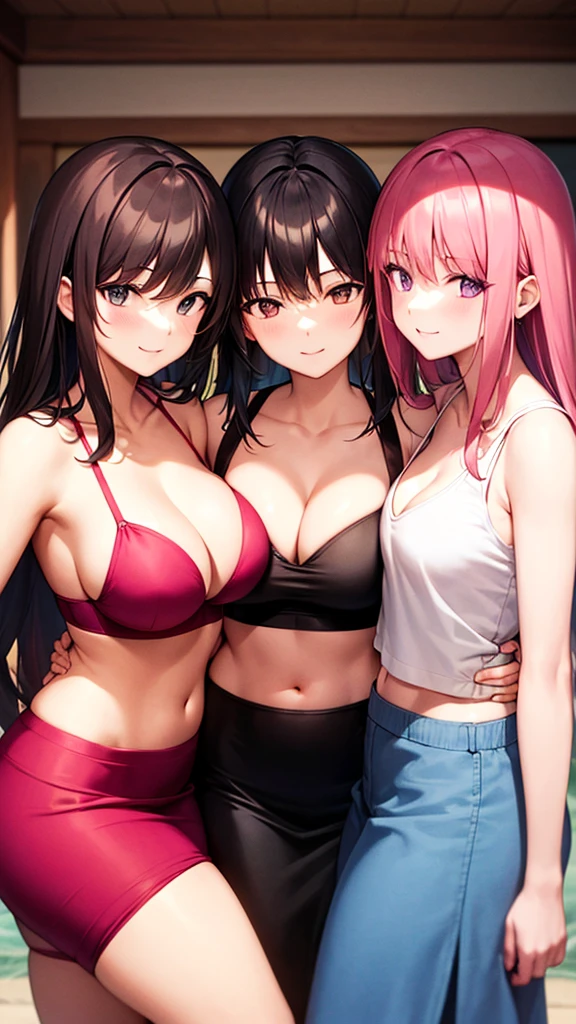 masterpiece, best quality, high detail, soft light, 3girls, three beautiful women posing together, long wavy hair, red hair, pink hair, purple hair, unruly hair, hair curls, large bust, cleavage, black bra and maxi pencil skirt, long skirt:1.28, sandals, collarbone, midriff, belly button, hip bones, beach, upper body, light smile,
