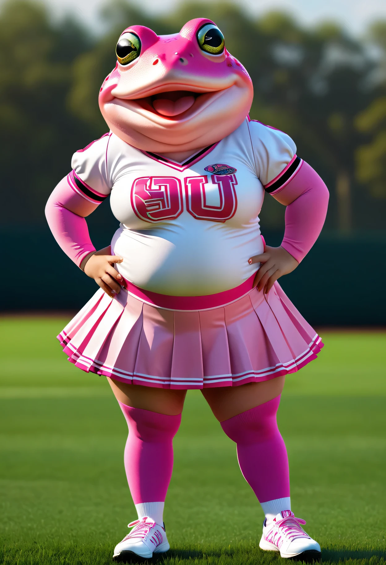 photorealistic portrait of Dressed animals - a ((fat)) pink (frog) cheerleader,(full body image from head to toe:2.0), (hands on hips:2.0),(standing), (happy smile:1.2),high quality,(lovely) , highly detailed cute top with team logo ,intricate detailed short pleated skirt, highly detailed ((cheerleader's costume)) ,(highly detailed sox and sneakers),(natural toad skin), (happy), natural lighting,,( grass sports field background),score_9, score_8_up, score_7_up, score_6_up, score_5_up, score_4_up,