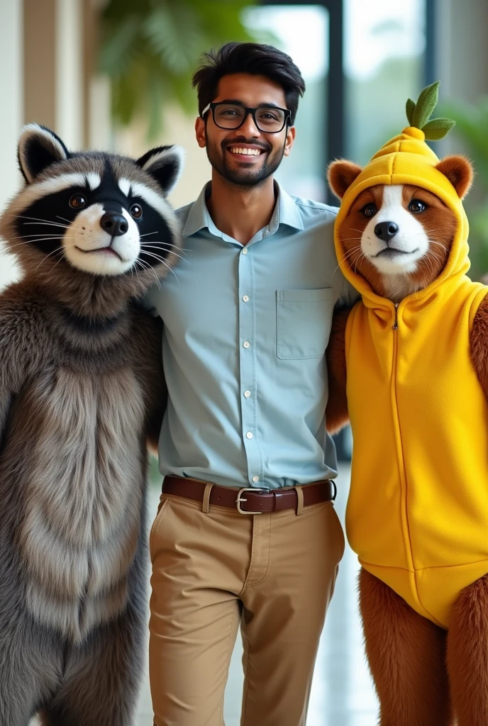 Full-length portrait of an Indian male college student wearing glasses smiling happily between a person wearing a raccoon costume and a person wearing a peanut costume