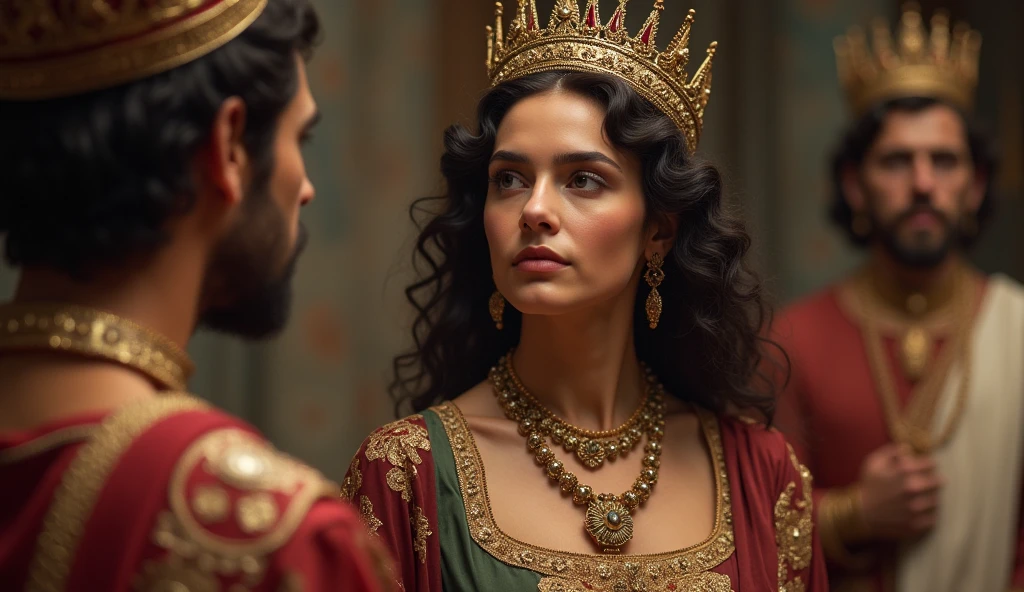 Esther is shown as an elegant and dignified young woman., with an ornate royal dress and a crown, symbolizing her status as queen. She can be depicted in a Persian palace setting, with an expression of determination and compassion. Another important detail is the presence of her husband, King Ahasuerus, In some depictions, reflecting the moment in which she intercedes for her people.