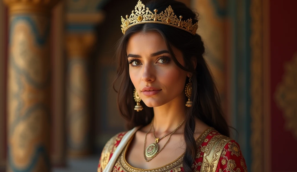 Esther is shown as an elegant and dignified young woman., with an ornate royal dress and a crown, symbolizing her status as queen. She can be depicted in a Persian palace setting, with an expression of determination and compassion. Another important detail is the presence of her husband, King Ahasuerus, In some depictions, reflecting the moment in which she intercedes for her people.