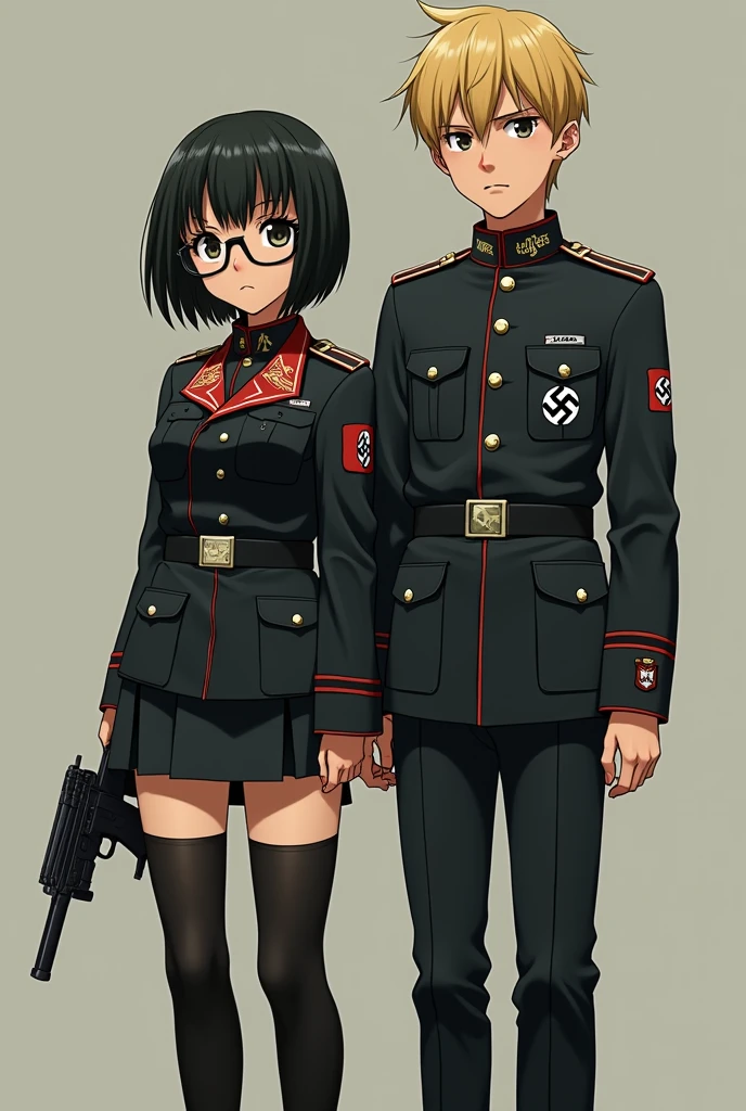 anime girl, short black hair with bangs, big tights, small waist, with glasses, wearing a nazi uniform ,holding a gun and a tall boy, blonde short hair, big nose, wearing a nazi uniform