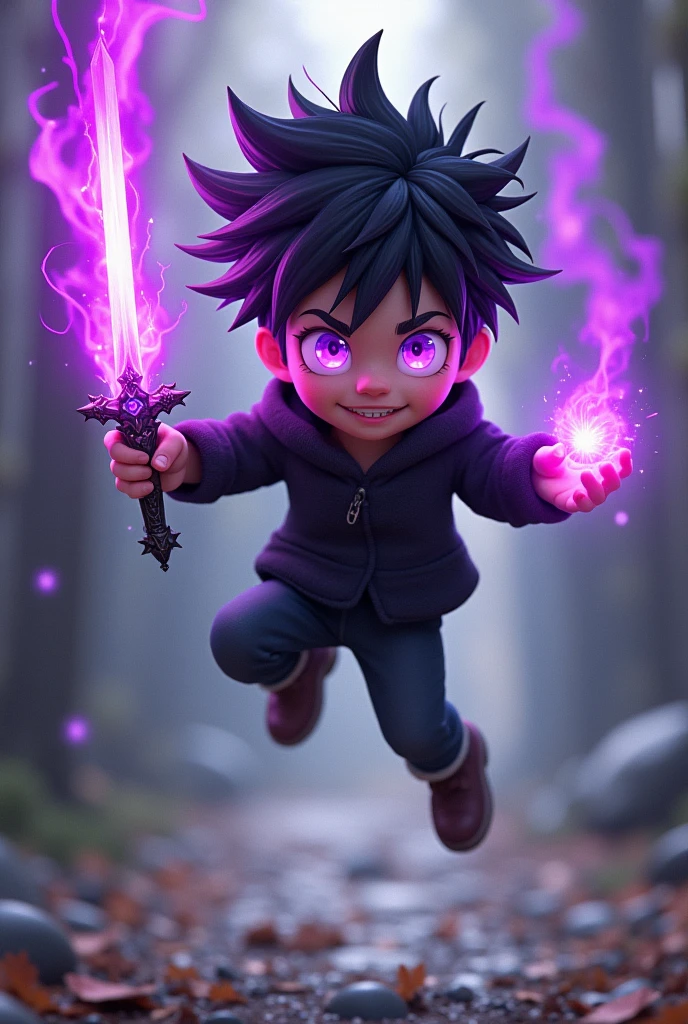 Raising a young boy
, with black spiky hair, violet power coming out of the eyes, wearing a small black jacket , jumping with a slight smile , with a black sword with a thorn handle,