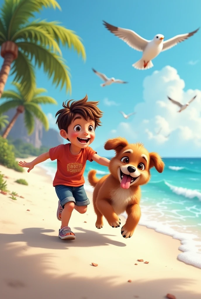 Boy with his brown puppy on the beach 

