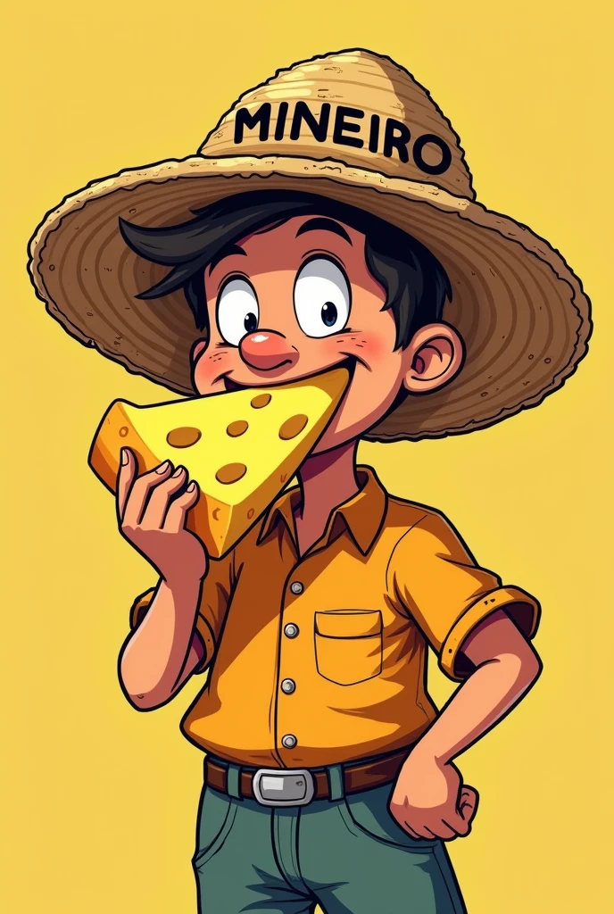 Cartoon of a cheese-eating citizen from Minas Gerais with a cheese next to his mouth, and a straw hat written MINEIRO