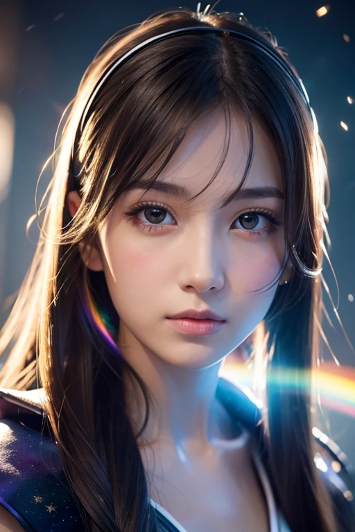 masterpiece, Awesome girl, pretty girl, bust, Eye for detail, Perfect Eyes, Portraiture, A face with attention to detail, Same eyes, Glare, Rainbow colors, Global Illumination, Soft Light, Dream Light, Digital Painting, 8kクローズアップ, Fantasy, Night Sky, performer, nebula, White Crystal, moonlight, Tranquility, summer, (8k:1.1)