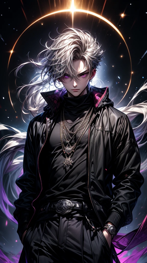 Masterpiece, best quality, high resolution, highly detailed, 1 young boy ( teenager ), young handsome face, white hair ( light in the hair), purple eyes ( glowing eyes ), cold expression ( cold look ), wearing a black hoodie, and black pants, black watch, surrounded by the splendors of the universe, pay attention to stunning details, and achieve a resolution of k, floating in a dynamic pose, high quality, with a majestic aura of authority. Looking front