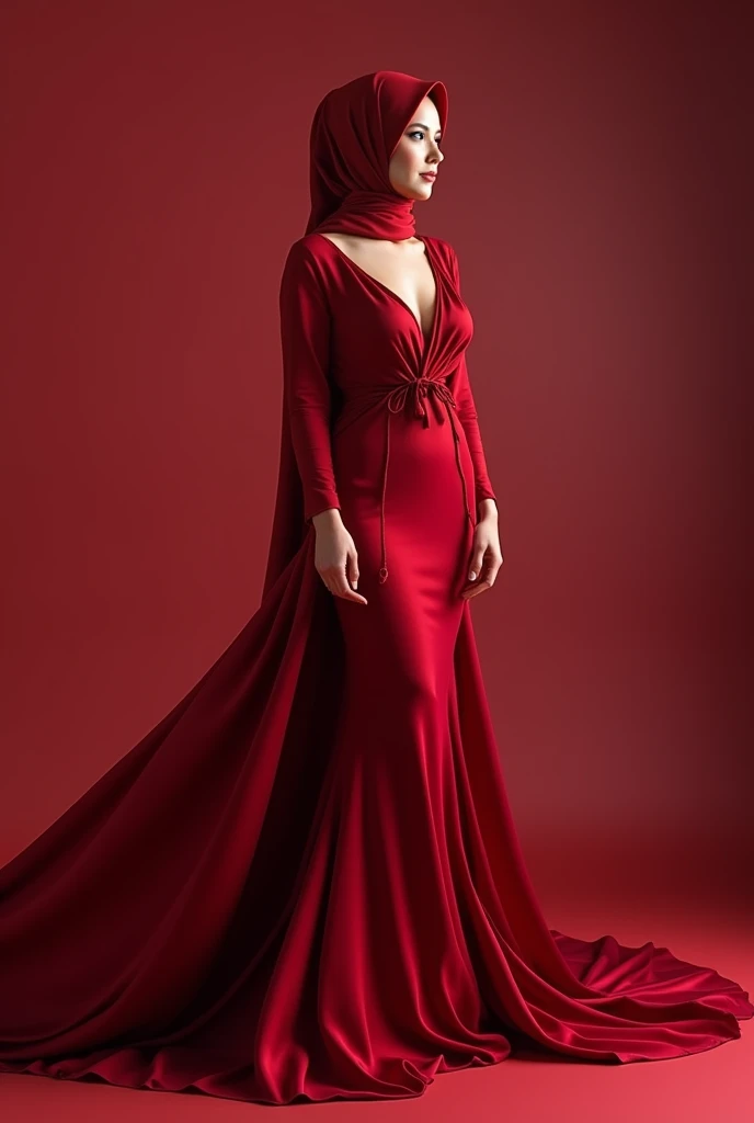 a woman in the tranpareng gown, full body,wear hijab, brest expose, half neked, tiead in satin rope, tied tight,mermaid tight long gown, flowy dramatic long gown, double long satin train ( 4 meter long ),red satin sheet, wear high heels, masterpice, 4k resolution, ultra-realistic, highly detail.