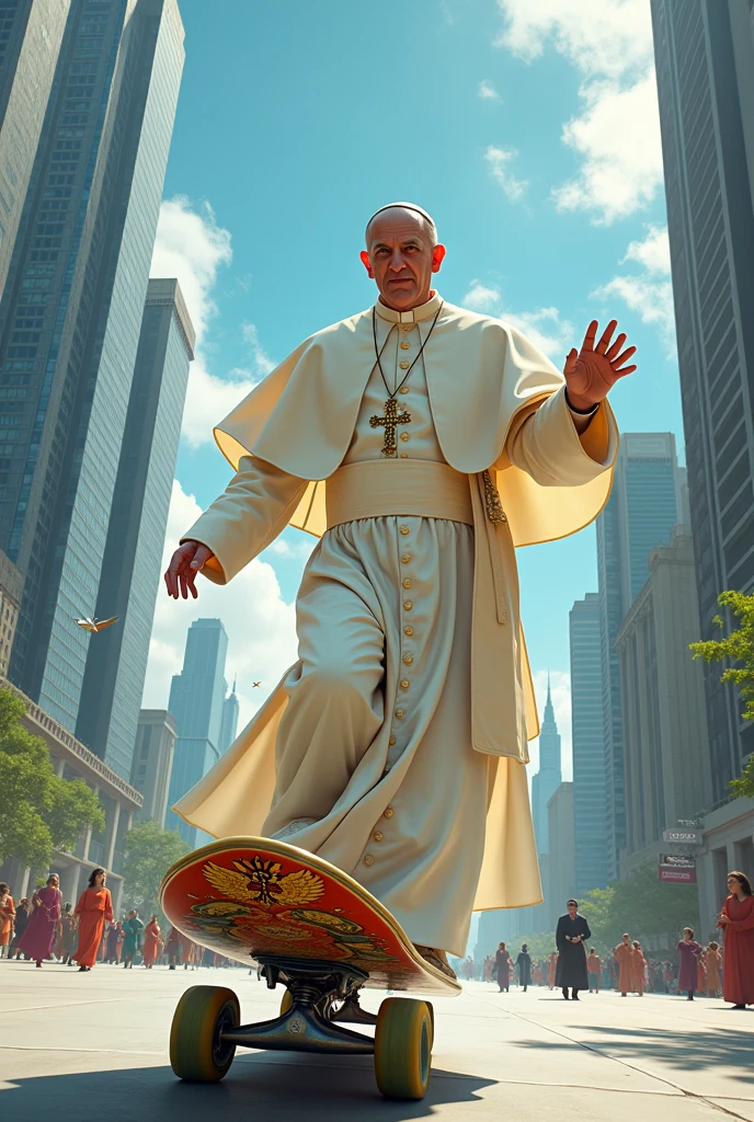 Pope Francis in a cropped Adidas top, that her navel is visible, standing on the pizza tower