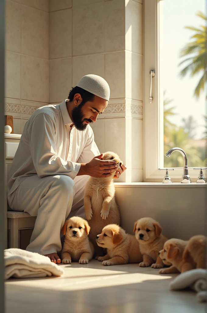 A man whose name is zoober he is cleaning Muslim man pups in bathroom