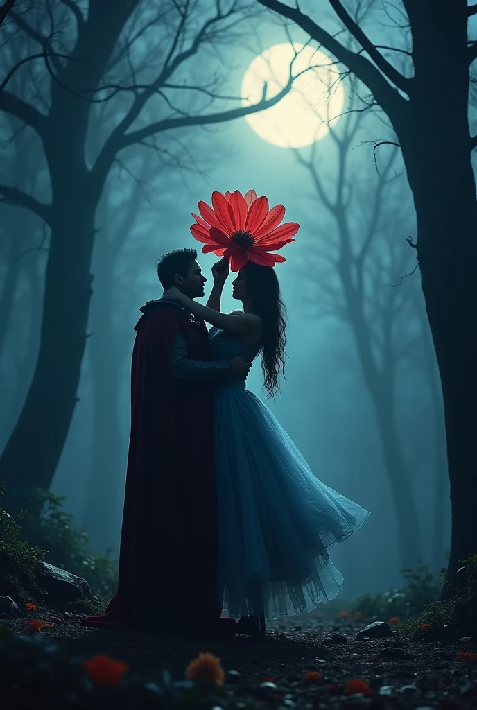 A red and blue flower, moonlit, well highlighted in a dark and gloomy forest, ghosts roam in the background, a noble knight in dark armor picks her up delicately
