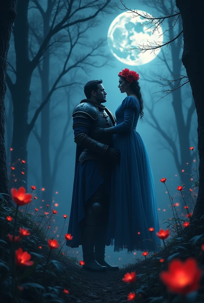 A red and blue flower, moonlit, well highlighted in a dark and gloomy forest, ghosts roam in the background, a noble knight in dark armor picks her up delicately 