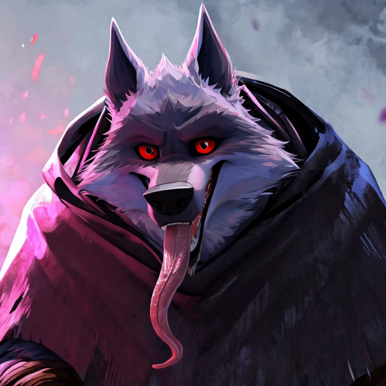 Death (Puss in Boots: The Last Wish), DreamWorks Animation, 2D, Looking at viewer, Open Mouth, Tongue Out, Long Tongue, Wide-Eyed, Wolf Ears, Anatomically Correct, Seductive Smile, Lifting tongue with fingers, Saliva Trail, Raised Eyebrow, Oral Invitation, Simple background, Character Design, Illustration, High Resolution, Super Detailed, Textured Skin, Eye Level Shot, Single Shot, Medium Close Up