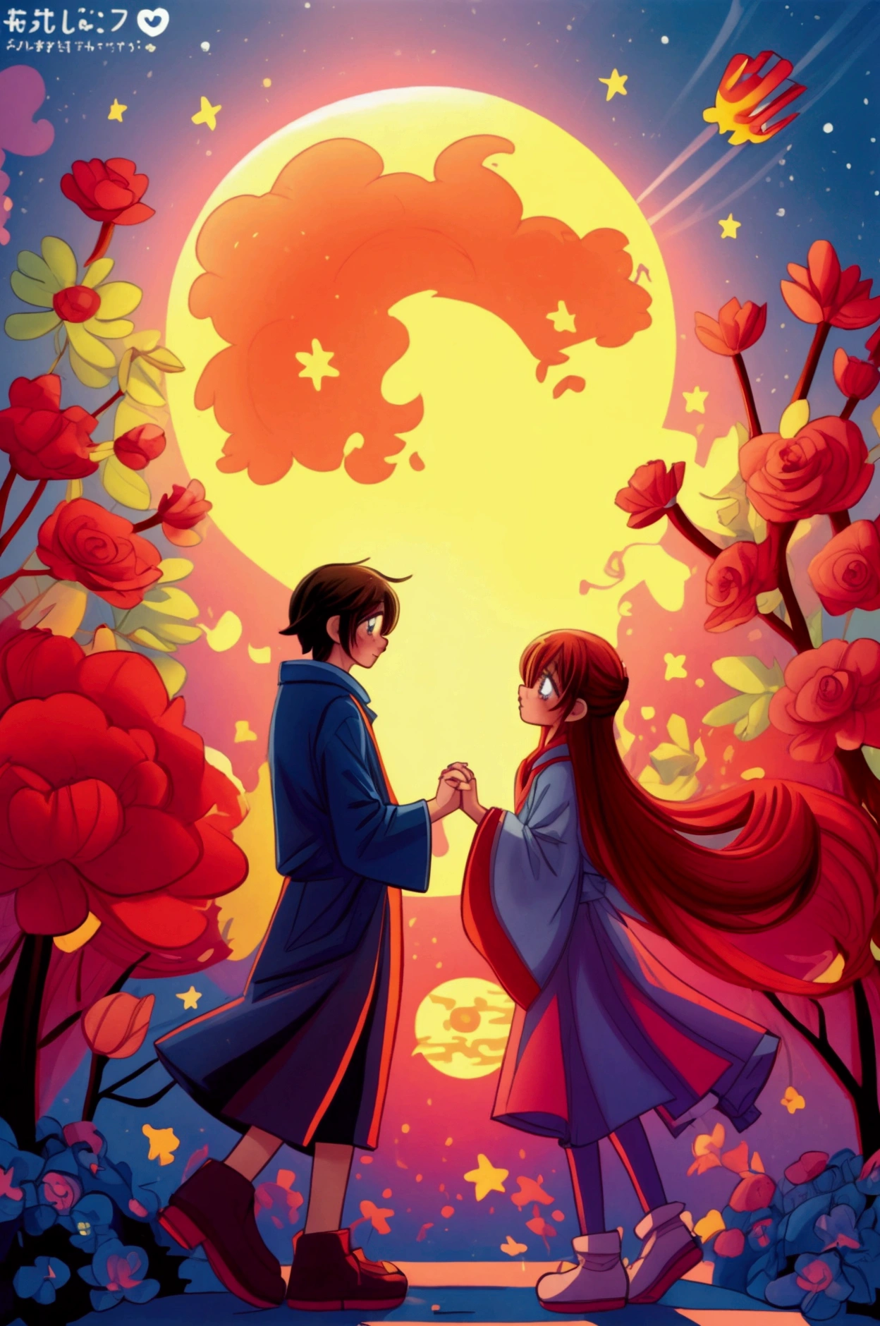 (8k，Bright colors，Bright，Ultra high saturation，rgb, Colorful), Cartoon,Character Design, Surreal photos，This is the poster for &quot;Qixi Festival&quot;，Ocean scene above，Roses floating on top，There is also a silhouette of two people in traditional clothes holding hands。Moonlit sky decorated with red flowers。night，A huge sun rises from behind the clouds，Illuminate your surroundings with traditional style，The background is a magical forest full of spirituality，Create soft、Flowing atmosphere。Beautiful overall composition，microorganism，plant，Marine Life，Exquisite eyes，Starry Sky，Abstract mosaic painting，Describing the inner world of autistic people，Sense of space，White space，interesting，Innocence，Psychedelic Art，可爱的Q版Cartoon风格，Simple background，Colorful illustrations