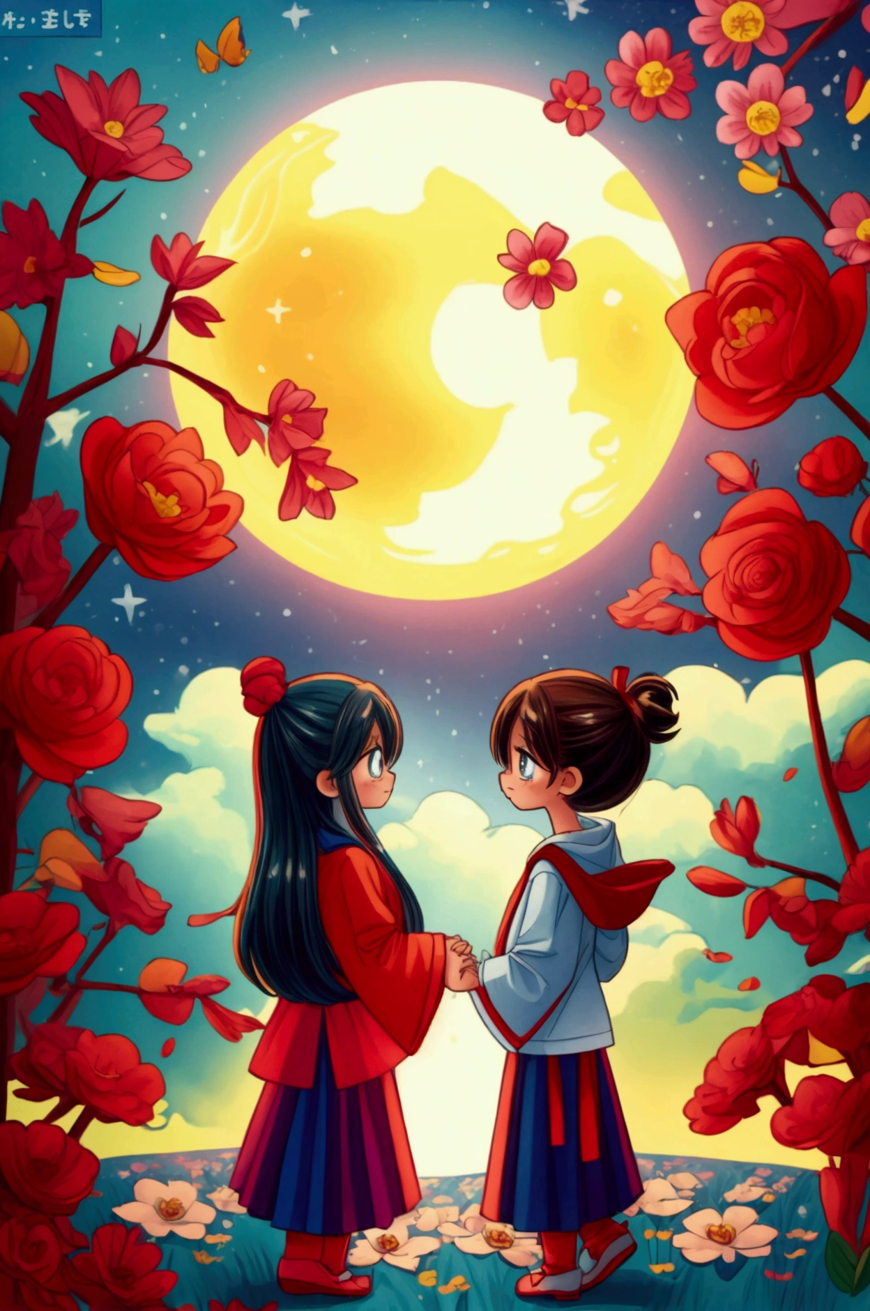 (8k，Bright colors，Bright，Ultra high saturation，rgb, Colorful), Cartoon,Character Design, Surreal photos，This is the poster for &quot;Qixi Festival&quot;，Ocean scene above，Roses floating on top，There is also a silhouette of two people in traditional clothes holding hands。Moonlit sky decorated with red flowers。night，A huge sun rises from behind the clouds，Illuminate your surroundings with traditional style，The background is a magical forest full of spirituality，Create soft、Flowing atmosphere。Beautiful overall composition，microorganism，plant，Marine Life，Exquisite eyes，Starry Sky，Abstract mosaic painting，Describing the inner world of autistic people，Sense of space，White space，interesting，Innocence，Psychedelic Art，可爱的Q版Cartoon风格，Simple background，Colorful illustrations