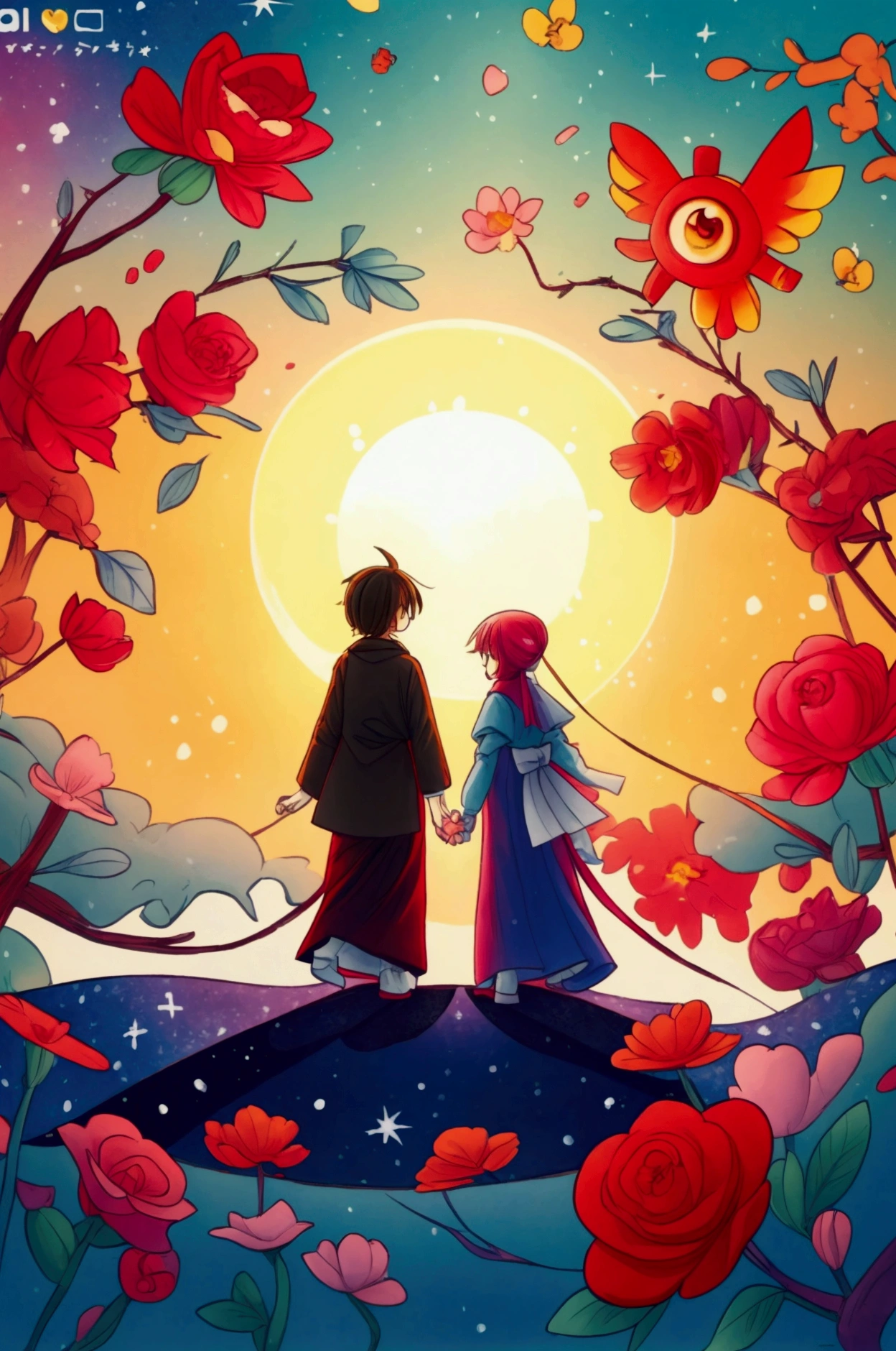 (8k，Bright colors，Bright，Ultra high saturation，rgb, Colorful), Cartoon,Character Design, Surreal photos，This is the poster for &quot;Qixi Festival&quot;，Ocean scene above，Roses floating on top，There is also a silhouette of two people in traditional clothes holding hands。Moonlit sky decorated with red flowers。night，A huge sun rises from behind the clouds，Illuminate your surroundings with traditional style，The background is a magical forest full of spirituality，Create soft、Flowing atmosphere。Beautiful overall composition，microorganism，plant，Marine Life，Exquisite eyes，Starry Sky，Abstract mosaic painting，Describing the inner world of autistic people，Sense of space，White space，interesting，Innocence，Psychedelic Art，可爱的Q版Cartoon风格，Simple background，Colorful illustrations