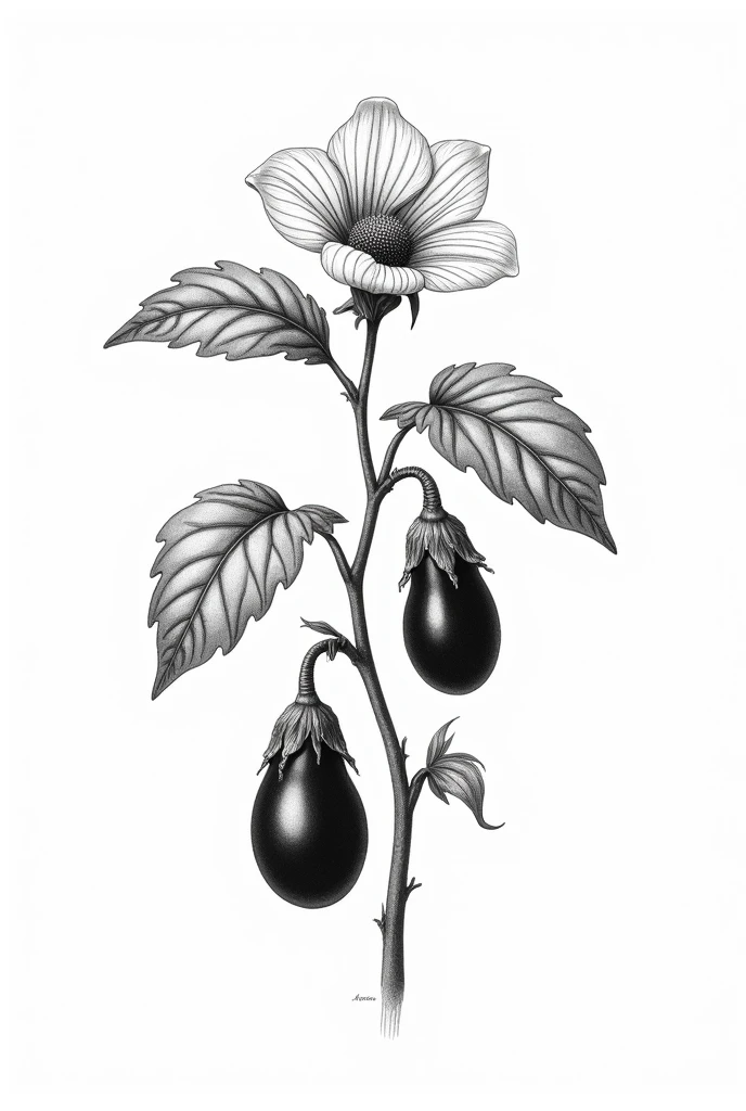 detailed, black and white botanical illustration of an eggplant plant. The image should prominently feature the plant's large leaves, a clearly defined flower, and two eggplants. The style should resemble a vintage botanical drawing with light line work and minimal black shading, focusing on capturing the delicate details of the flower and the natural elements without heavy shadows