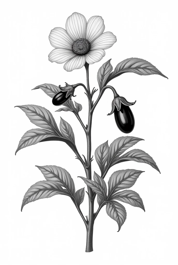 detailed, black and white botanical illustration of an eggplant plant. The image should prominently feature the plant's large leaves, a clearly defined flower, and two eggplants. The style should resemble a vintage botanical drawing with light line work and minimal black shading, focusing on capturing the delicate details of the flower and the natural elements without heavy shadows