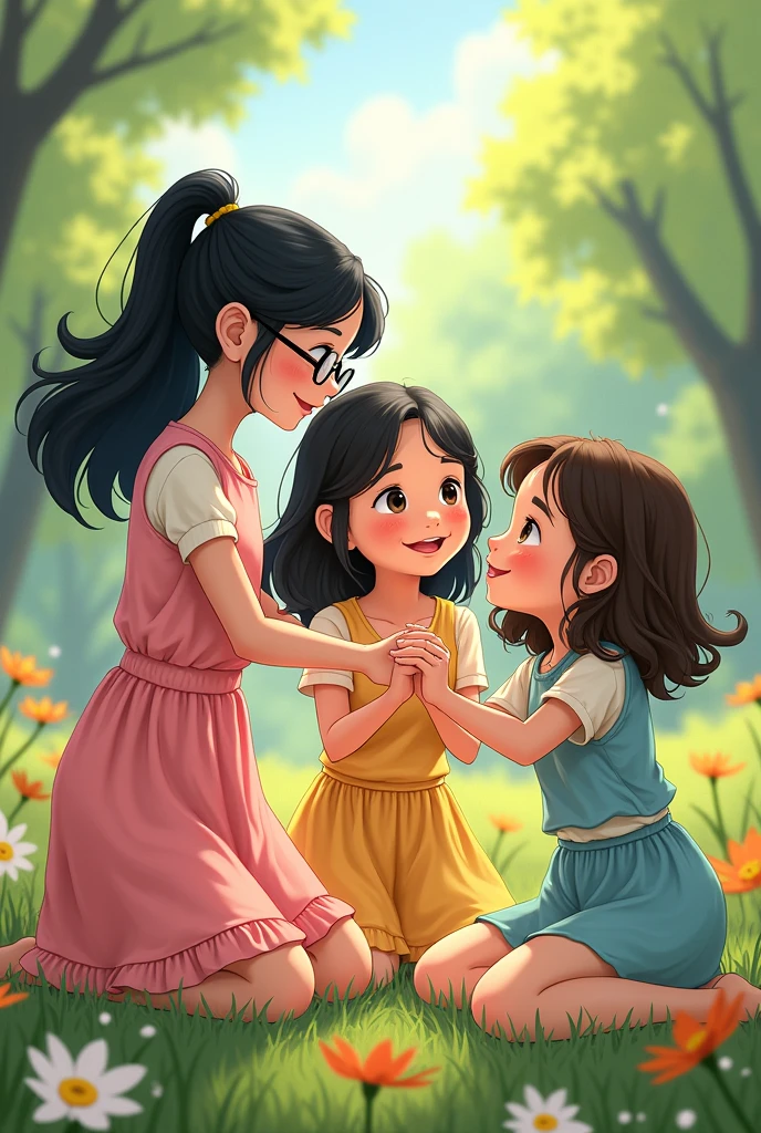 3 girls together, one with glasses and black hair tied in a ponytail, the other one with long loose black hair and the other girl with loose brown hair and a bit Chinese Disney version 