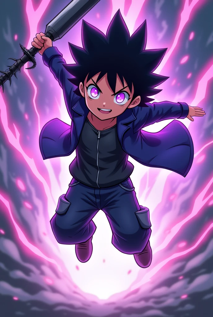 Raising a young boy with black spiky hair, violet power coming out of the eyes, wearing a small black jacket , jumping with a slight smile , with a black sword with a thorn handle, 