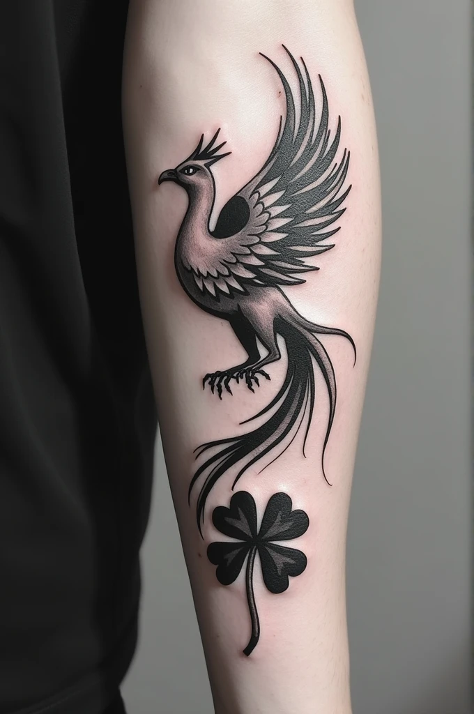 Black and white tattoo of a phoenix and a four-leaf clover