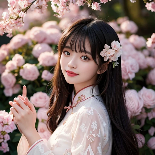 best quality, Delicate face，beautiful visual work, lifelike,  eternity, black hair, Long curly hair, blunt bangs, Smile, Detailed Background,  Delicate face，pink blush，cold，((masterpiece))、(top quality)、8k、high detail、Super detailed，21 years old female，Wearing Chinese cheongsam、Seductive and whimsical style、masterpiece、born、Scenes resembling fairy tale illustrations、Intricate details and complex designs、Beautifully、magic、capricious、 Beautifully、Dream aesthetics、「𝓡𝓸𝓶𝓪𝓷𝓽𝓲𝓬、ethereal、charming、fickle、magic」、Realism、Visual effects、FXAA、SSAO、Shaders、voiceless、ambient lighting、Tone mapping、High resolution、Ultra high quality、Million pixels、(8K resolution:1.10)、8k、Below 8K、8K resolution、high detail、intricate details， (high quality:1.2、masterpiece:1.2、:1.21)、(21 years old female:1.21)、(Smile excitedly)、(Surrounded by the dreamy atmosphere、Model diagram，full-body shot，Normal 2 feet，Don't show your fingers
