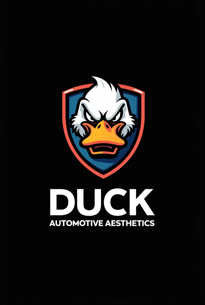A logo of an angry duck inside a shield with a black background and below written: Duck automotive aesthetics