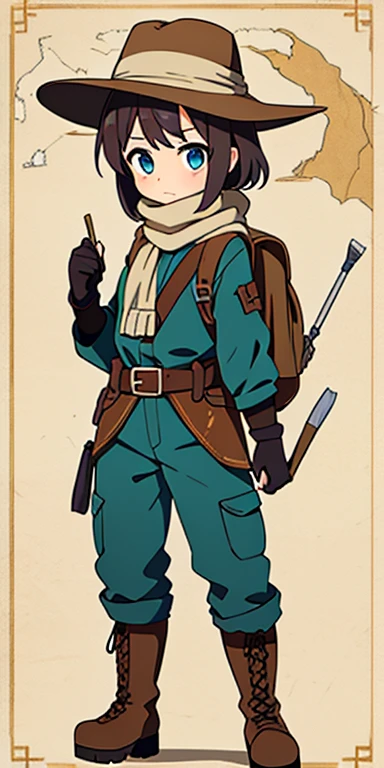 Full body, beautiful eyes , 1 girl , full body , cute girl , anime style , cute eyes , (standing up) , (Archaeologists are typically depicted wearing rugged, practical clothing suitable for exploring challenging terrains. They often wear wide-brimmed hats or helmets, protective gloves, and boots. They carry a backpack filled with excavation tools, notebooks, and ancient scrolls or maps. Some may have a belt with small tools like brushes and chisels, and many wear a scarf or bandana around their necks.)