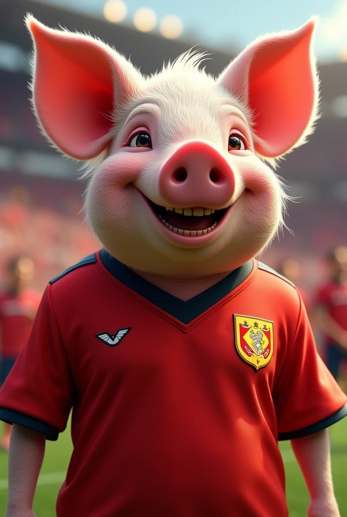 Create an image of a pig wearing a Flamengo shirt smiling