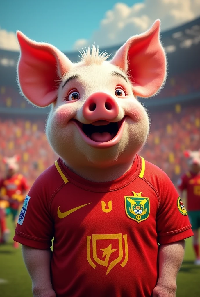 Create an image of a pig wearing a Flamengo shirt smiling