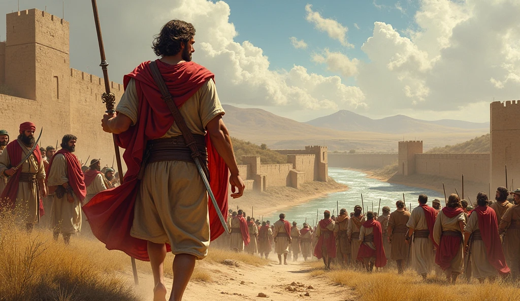Joshua is depicted as a robust and vigorous man, dressed in a tunic and light armor, holding a sword or a staff of leadership. He may be in a battle scene or leading his people, with the Jordan River in the background and the walls of Jericho collapsed, to highlight the conquest of the Promised Land.