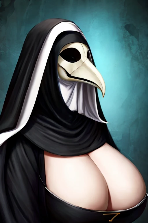 Very pretty and beautiful woman plague doctor with very big and huge breasts dressed as a nun