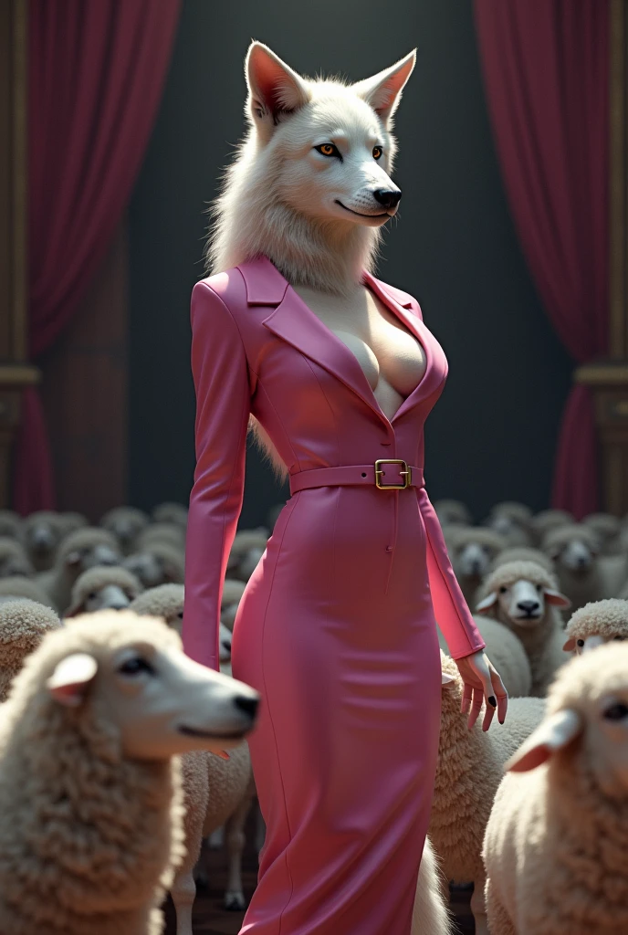 A sexy, not-thin animal wolf dressed in sober pink ,with a sensual look, speaking in front of an audience of sheep