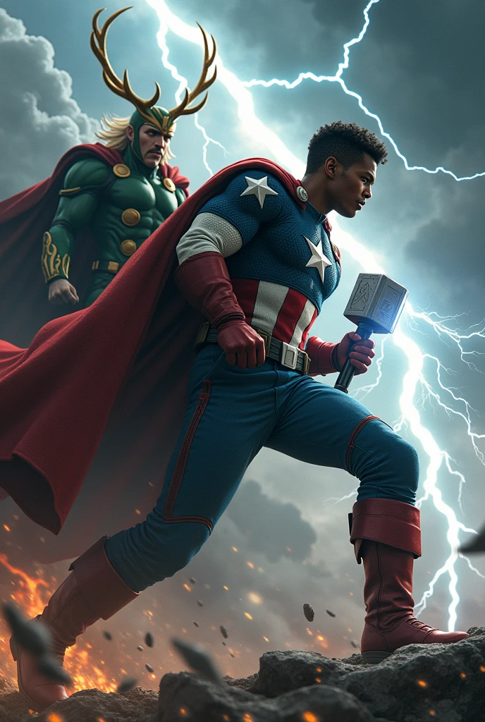 Young black captain america with thor hammer vs loki