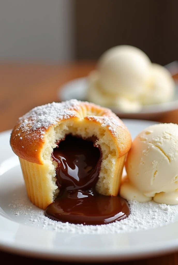 Muffin with melted chocolate inside and a scoop of vanilla ice cream