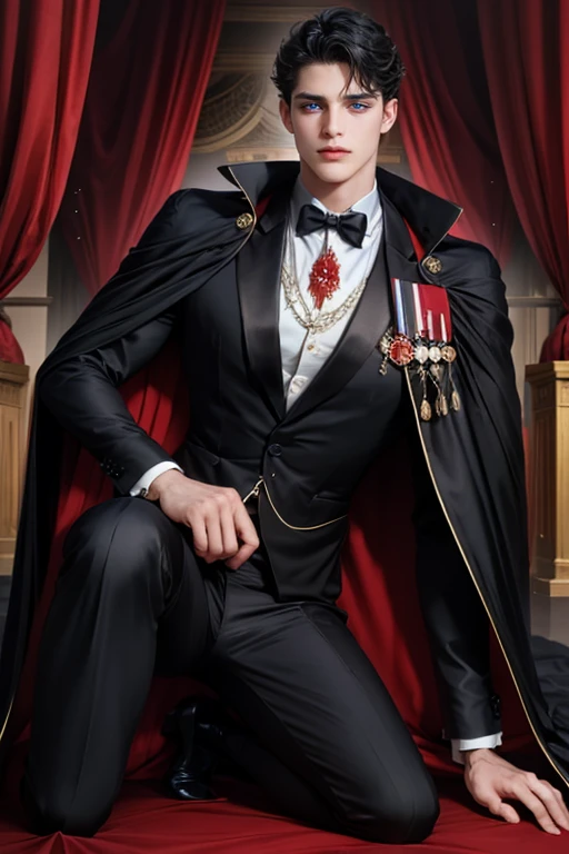 masterpiece, 最high quality, high quality, 1 boy, alone, Male focus, Watching the audience, Messy black hair, Adorable big blue eyes, White, Noble, Noble,A sexy, voluminous, puffy cape、tuxedo、A very voluminous, large, very large, very large, long, long red and black cape with a high stand-up collar, made of a lot of fabric that reaches down to the floor., 17 years old,Cute beautiful boys,Cute, cute, kind, handsome guy