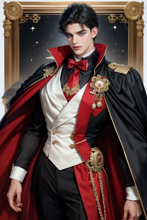 masterpiece, 最high quality, high quality, 1 boy, alone, Male focus, Watching the audience, Messy black hair, Adorable big blue eyes, White, Noble, Noble,A sexy, voluminous, puffy cape、tuxedo、A very voluminous, large, very large, very large, long, long red and black cape with a high stand-up collar, made of a lot of fabric that reaches down to the floor., 17 years old,Cute beautiful boys,Cute, cute, kind, handsome guy