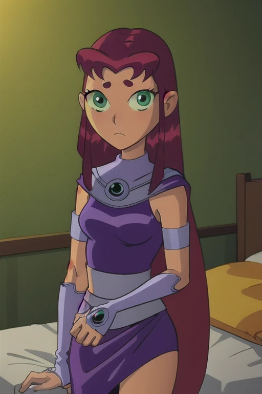 masterpiece, best quality, 1girl, starfire, red hair, long hair, green eyes, orange skin, cape, cloak, dress, long skirt, gloves, looking at viewer, solo, indoors, bedroom background  