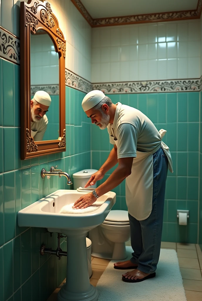 A man whose name is zoober he is cleaning Muslim man toilet in bathroom