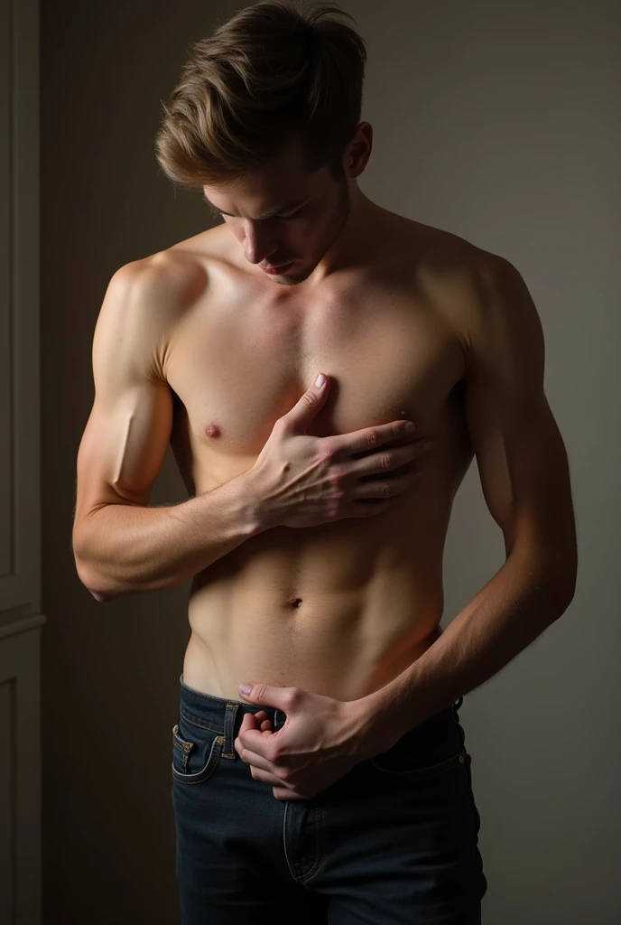 young man around 19 years old with erect penis masturbating