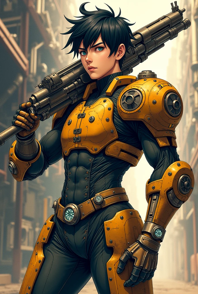 A young man, Cao Cao, stark, with armor, an exoskeleton, a machine gun on the back. In steampunk anime style