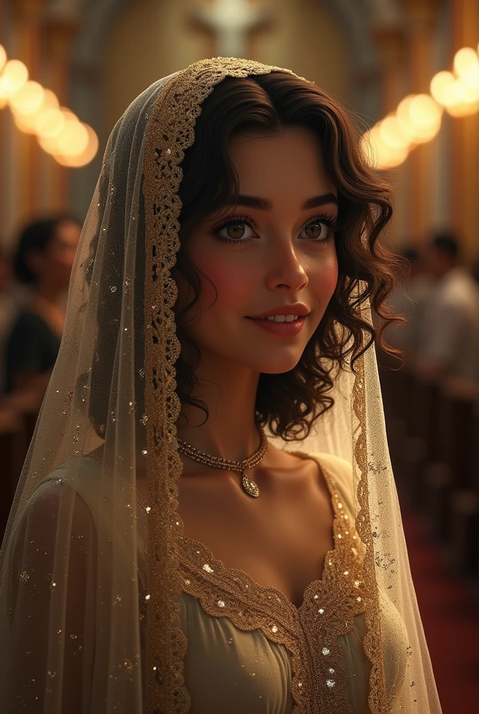 A white and a little fat, de 18 anos, Brazilian, with modest dress , in a Catholic church wearing a full head-length sequined veil at mass, medium length curly dark blonde hair, and dark brown eyes 
