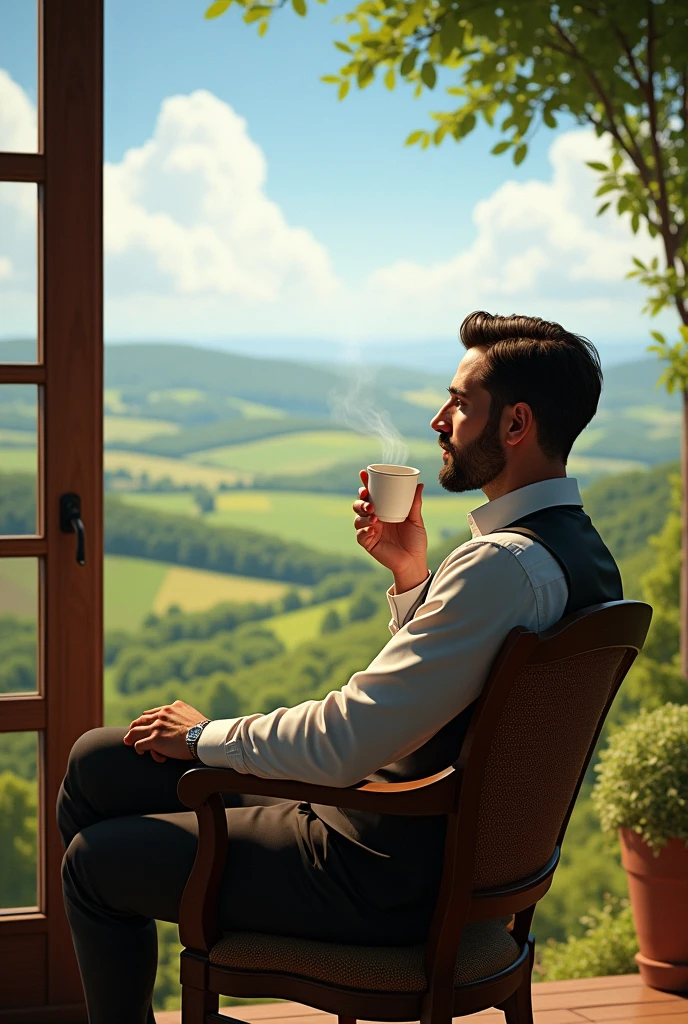 A man sits on a chair while drinking coffee with a very calm and cool rural view.