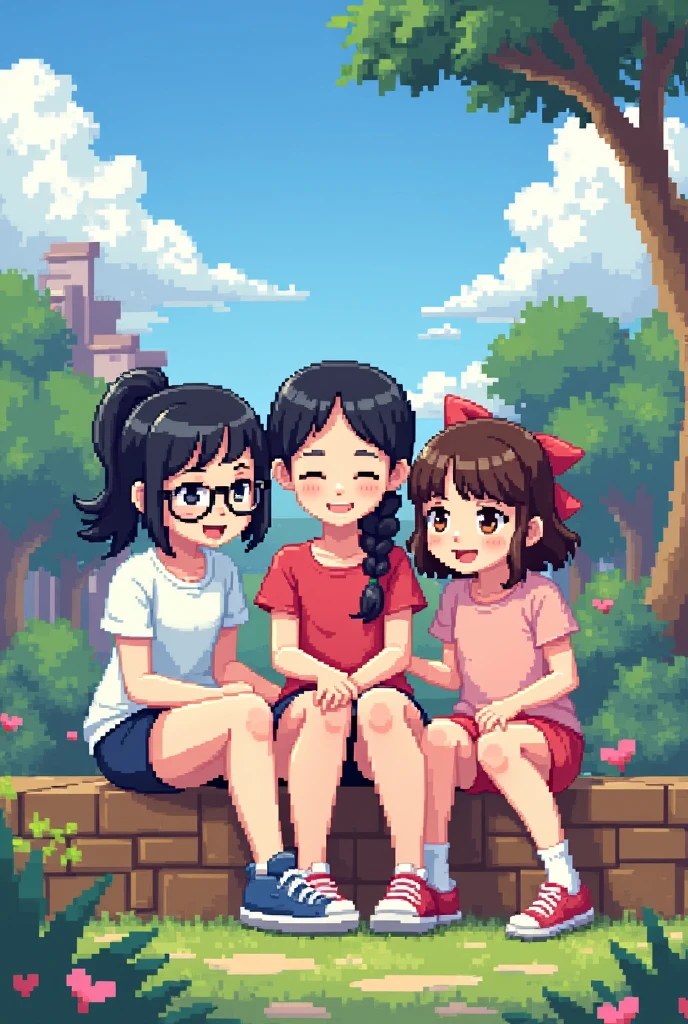 3 girls together, one with glasses and black hair tied in a ponytail, the other one with long loose black hair and the other girl with loose brown hair and a bit Chinese, pixart version