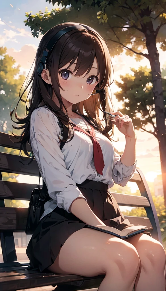 headset Reading a book while sitting on a bench in the park listening to music with headphones One person Top quality beautiful girls Brown Hair evening sunset Japanese anime style